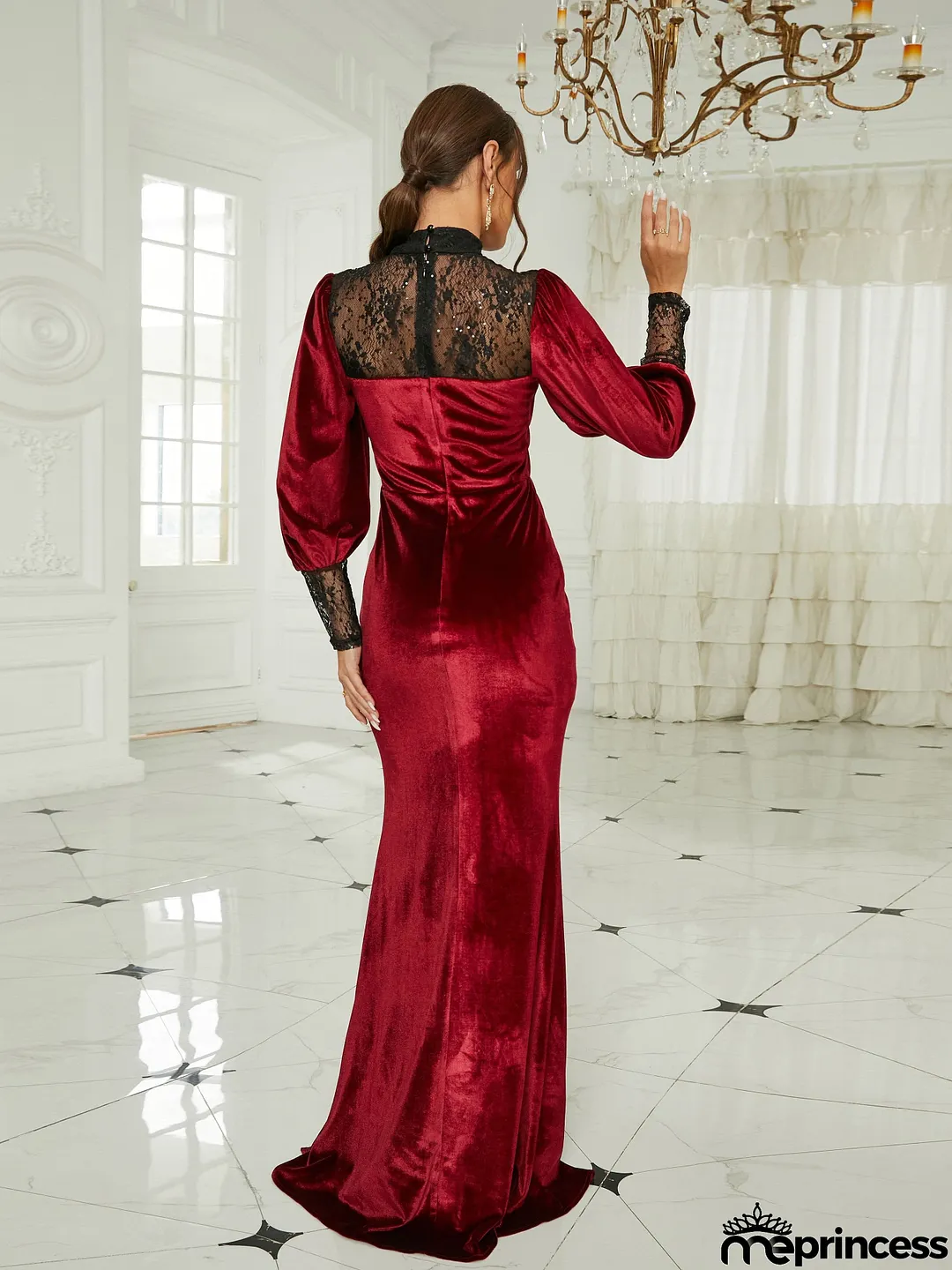 Stand Collar Bishop Sleeve Velvet Burgundy Prom Dress RH30616
