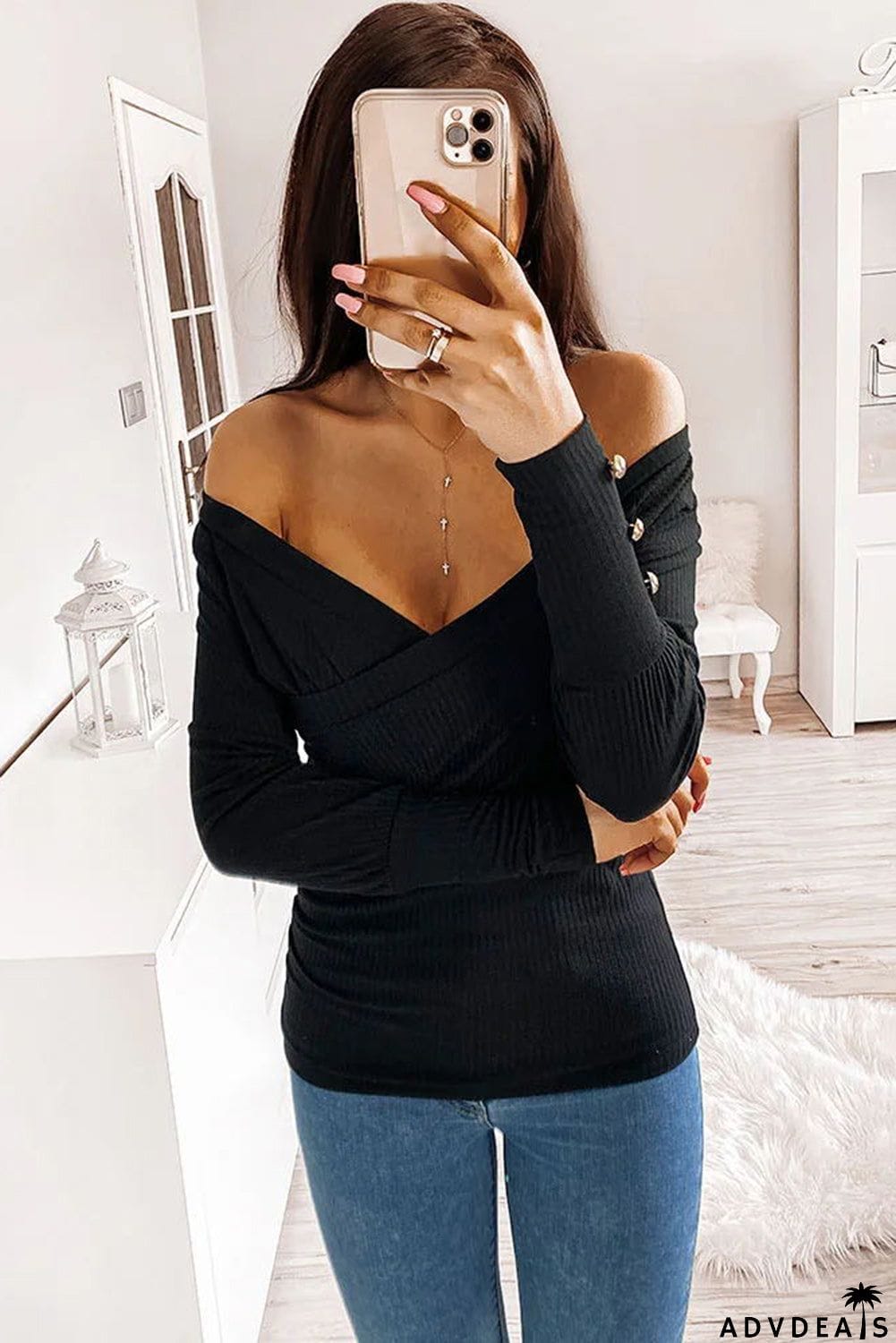 V Neck Ribbed Textured Pleated Top with Buttoned Long Sleeves