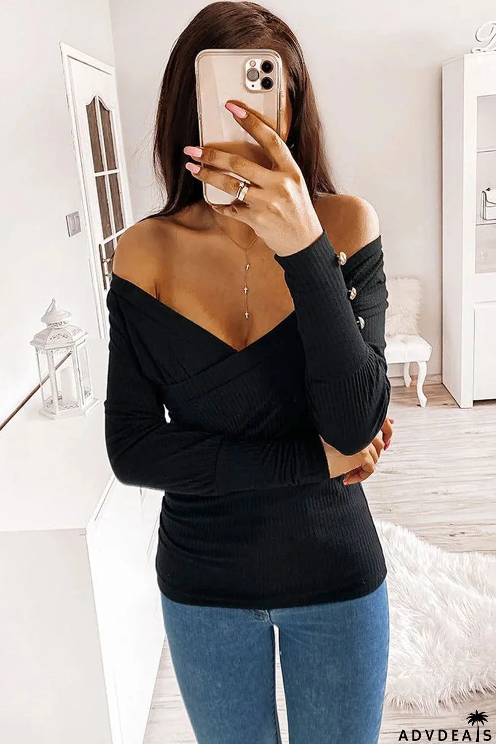 V Neck Ribbed Textured Pleated Top with Buttoned Long Sleeves