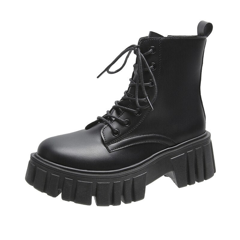 Punk Gothic Combat Boots Women Platform White Boots 2021 New Lace Up Black PU Leather Chunky Ankle Boots Female Designer