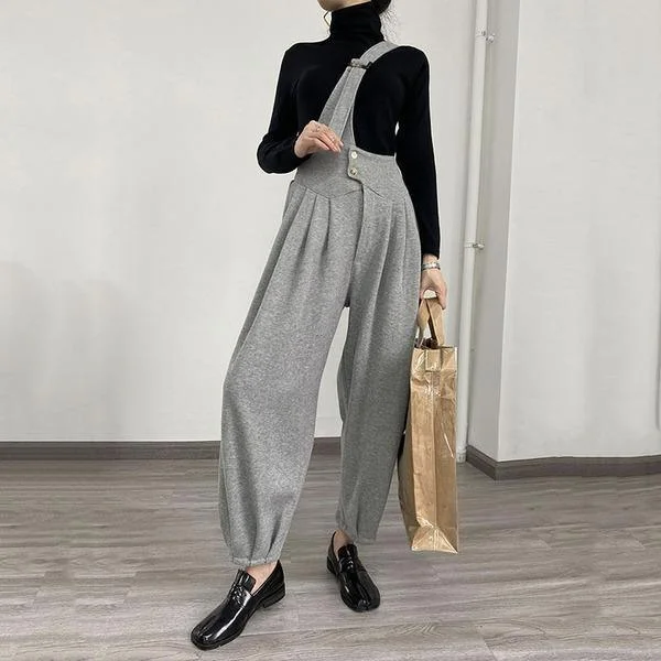 New Korean Style Pleated Loose Match All Wide Waisted Button