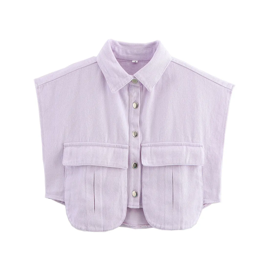 Nigikala Nigikala Women's Solid Color Big Pocket Sleeveless High Sense Cardigan Polo Collared Shirt Denim Top A19846