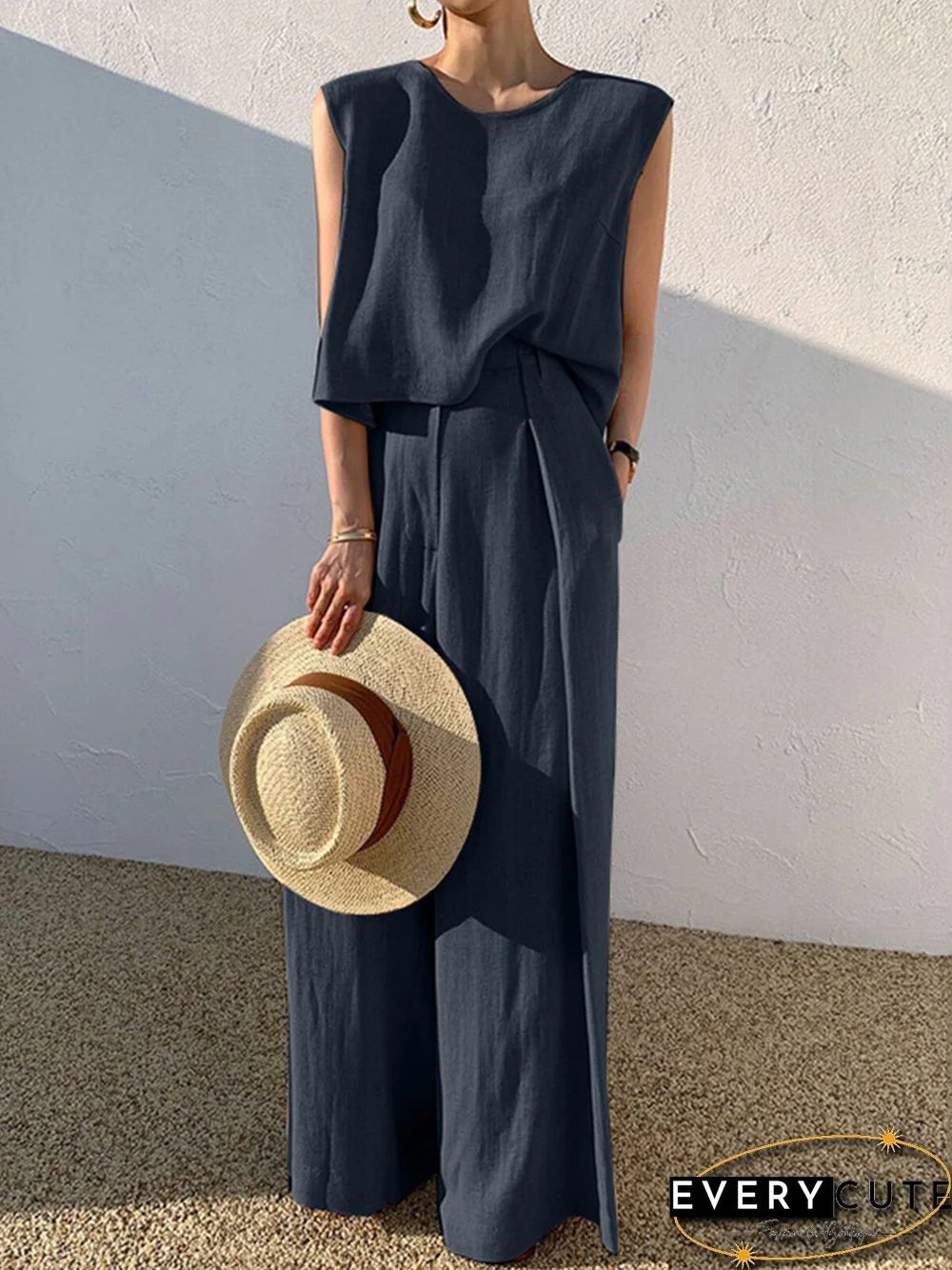 Solid Color Sleeveless Wide Leg Casual Two Pieces Suit