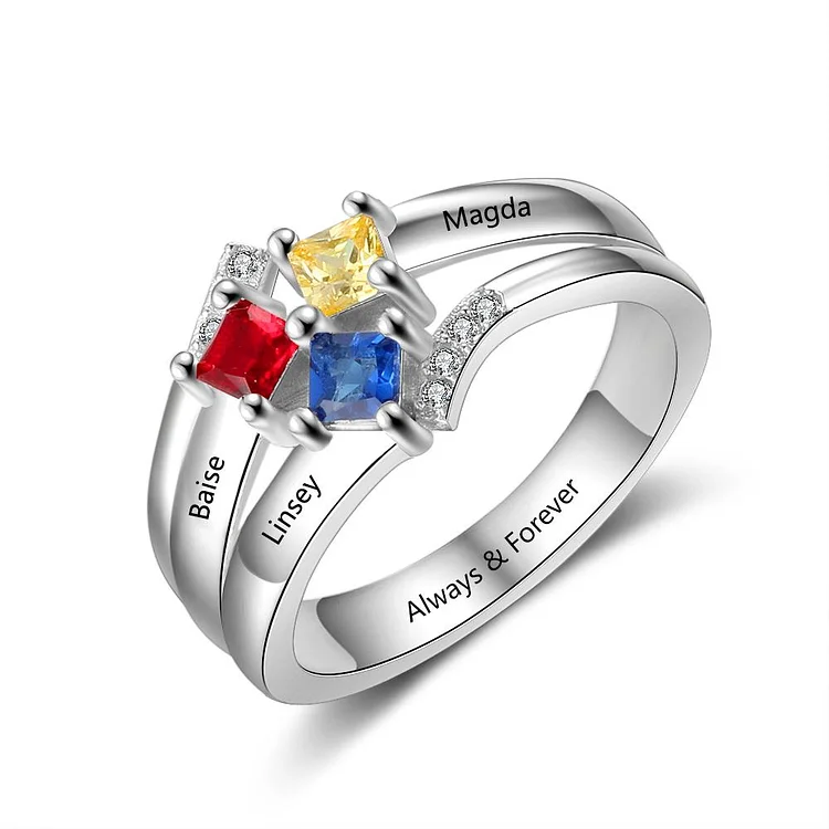 Mother Ring with 3 Birthstones Princess Cut Birthstone Ring Engraved 3 Names Personalized Family Ring