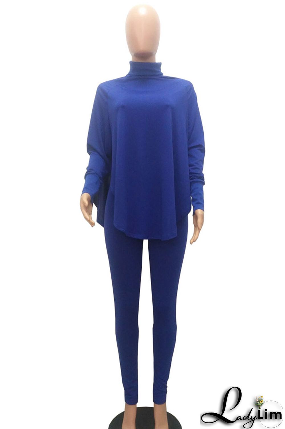 Blue Casual Solid Patchwork Turtleneck Long Sleeve Two Pieces