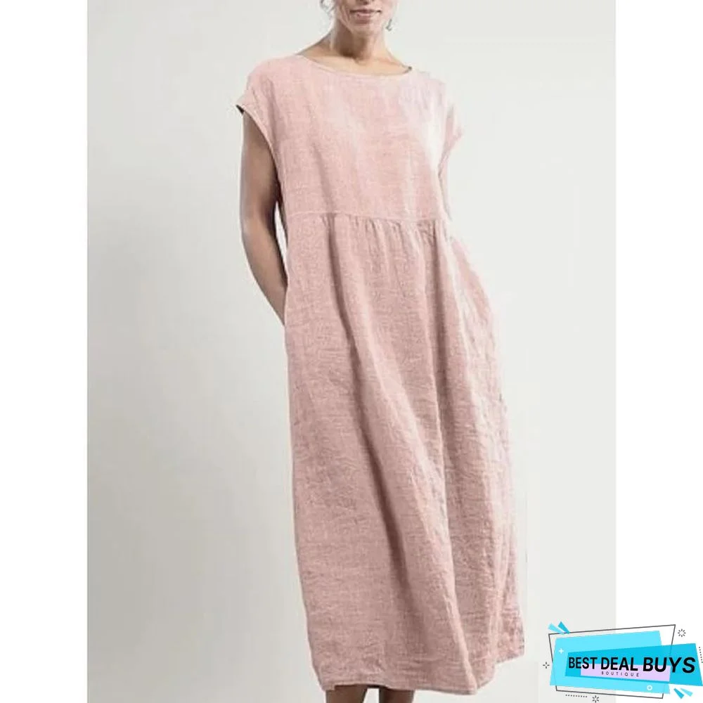 Women Crew Neck Shift Daily Cotton Pockets Dresses Linen