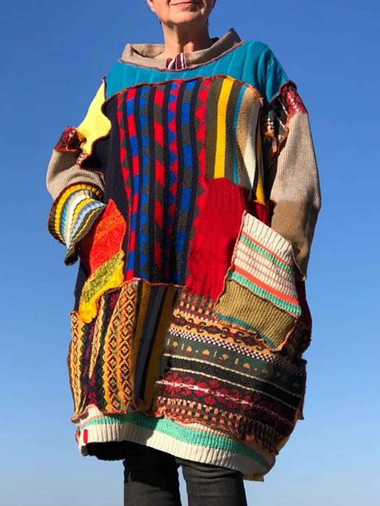 Vintage Ethnic Colorblock Patchwork Ruffle Trim Flap Pocket Pullover Sweatshirt