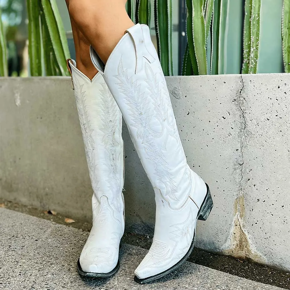 White Snip Toe Knee High Distressed Embroidered Cowgirl Boots