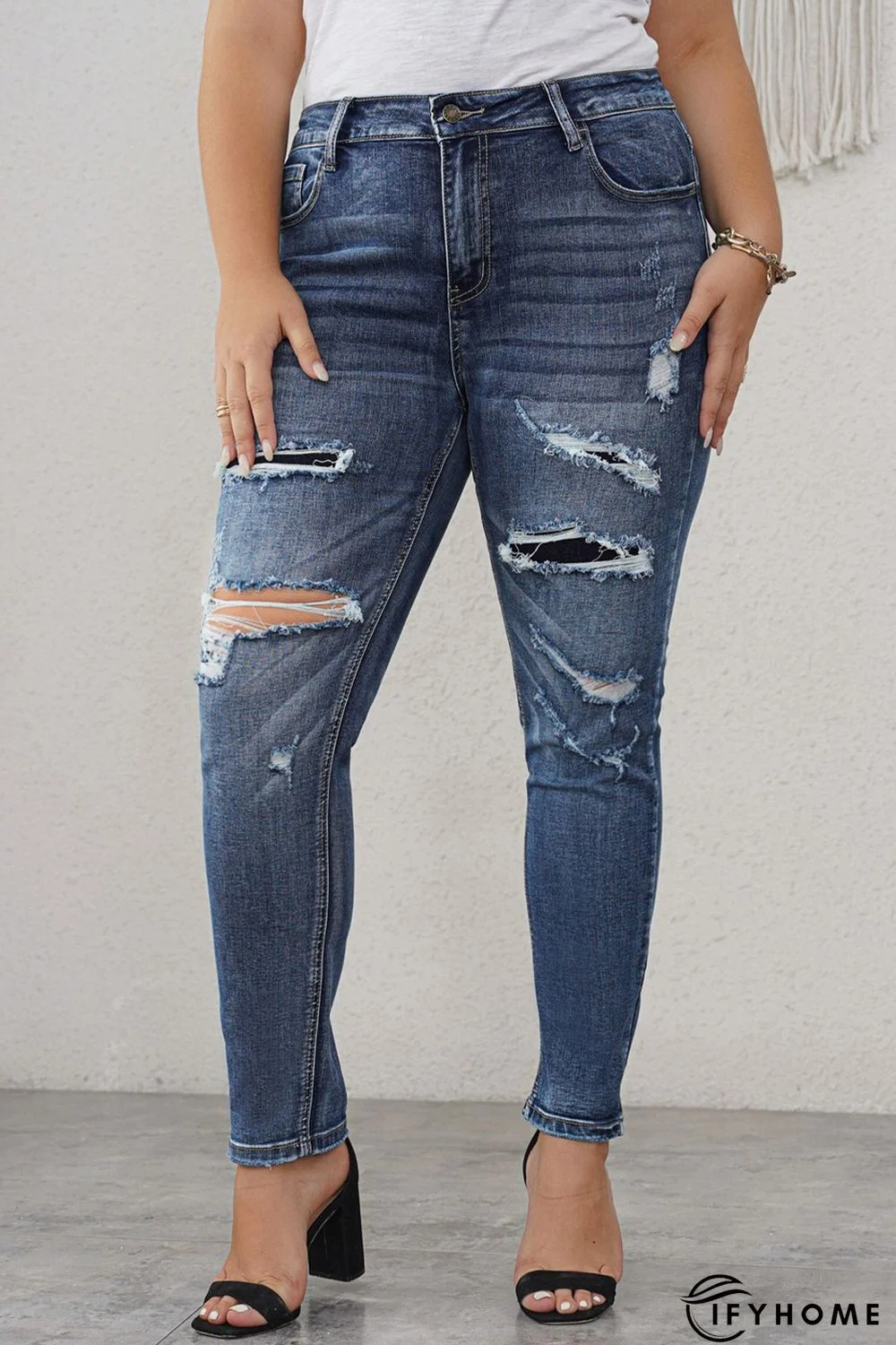 Blue Distressed High Waist Plus Size Jeans | IFYHOME