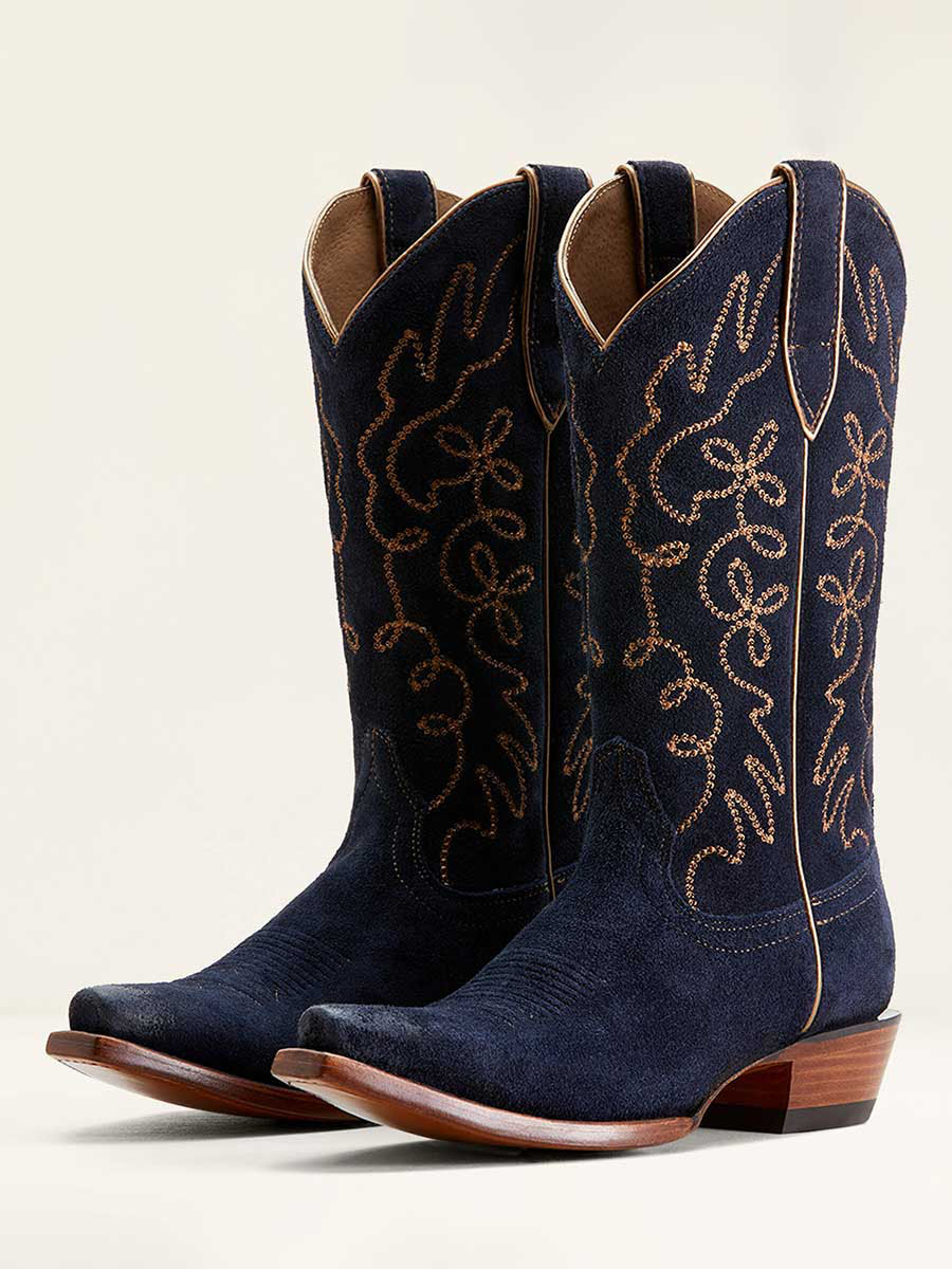 Navy Vegan Suede Snip Toe Embroidered Mid-Calf Western Boots for Women