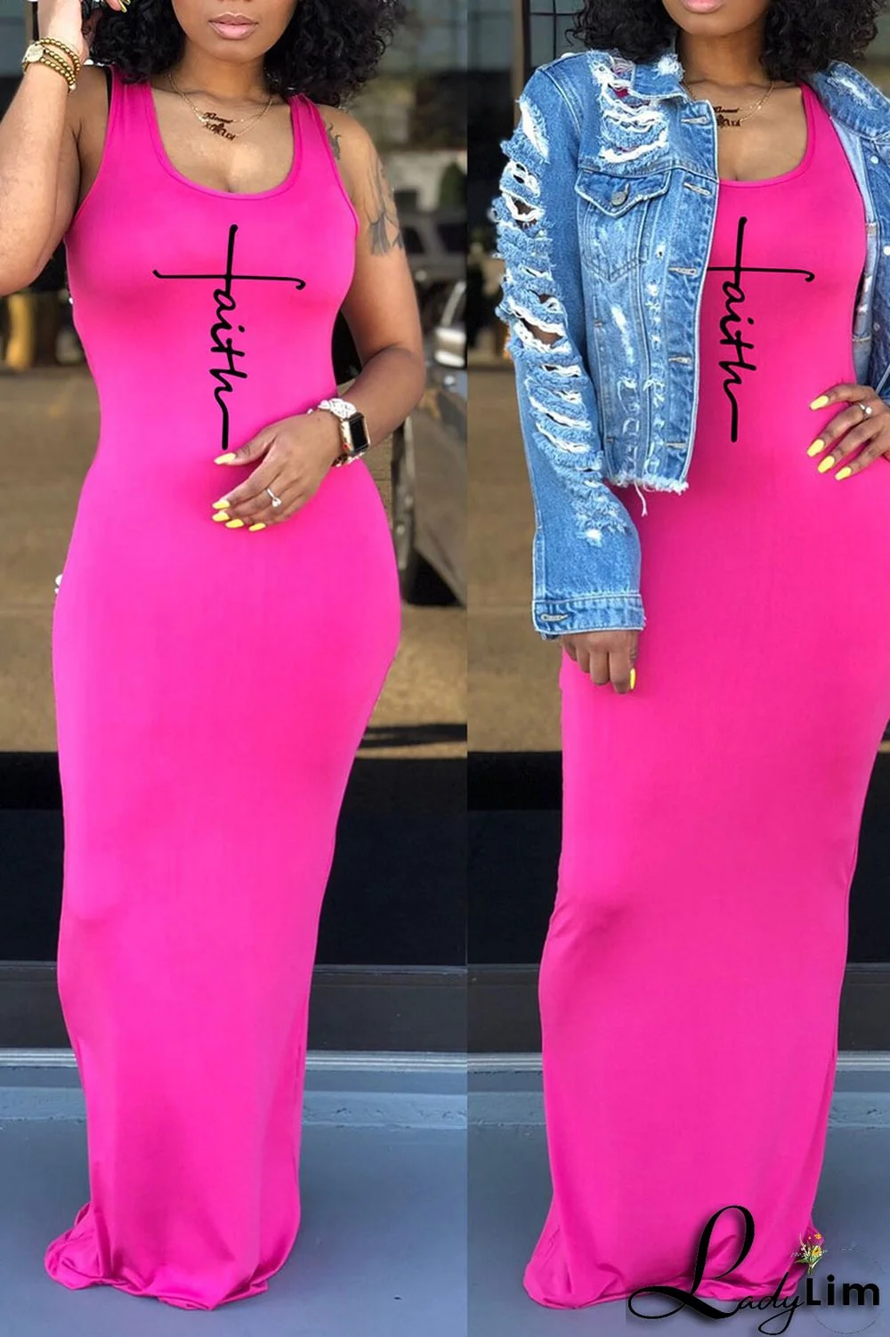 Fluorescent Yellow Casual Print Split Joint U Neck Straight Dresses