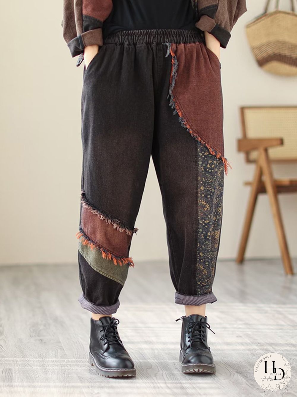 Contrast Color Fringed Split-Joint Long Sleeves Printed Outwear Harem Pants Two Pieces Set