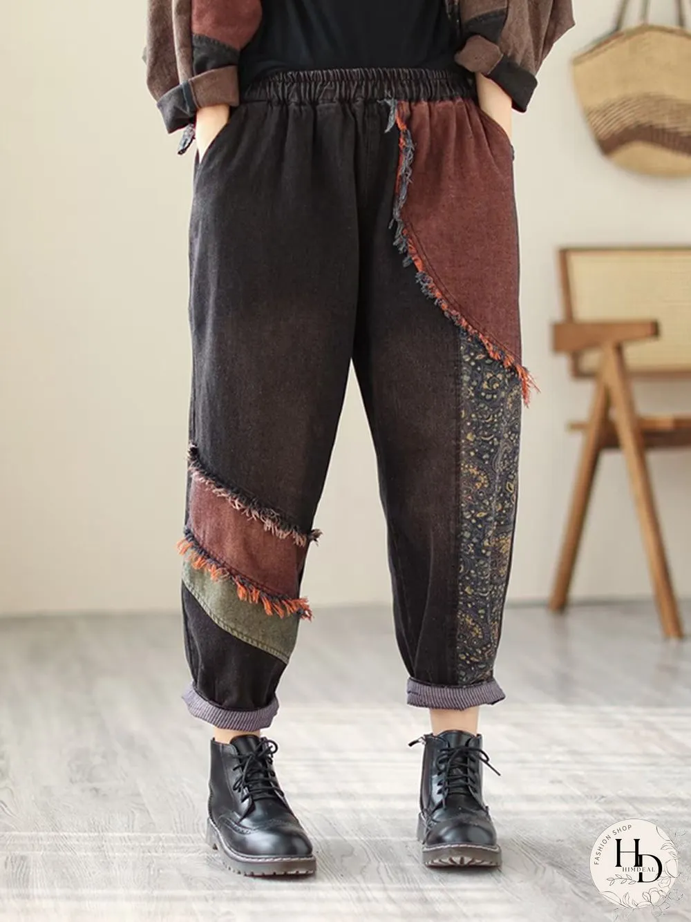 Contrast Color Fringed Split-Joint Long Sleeves Printed Outwear Harem Pants Two Pieces Set