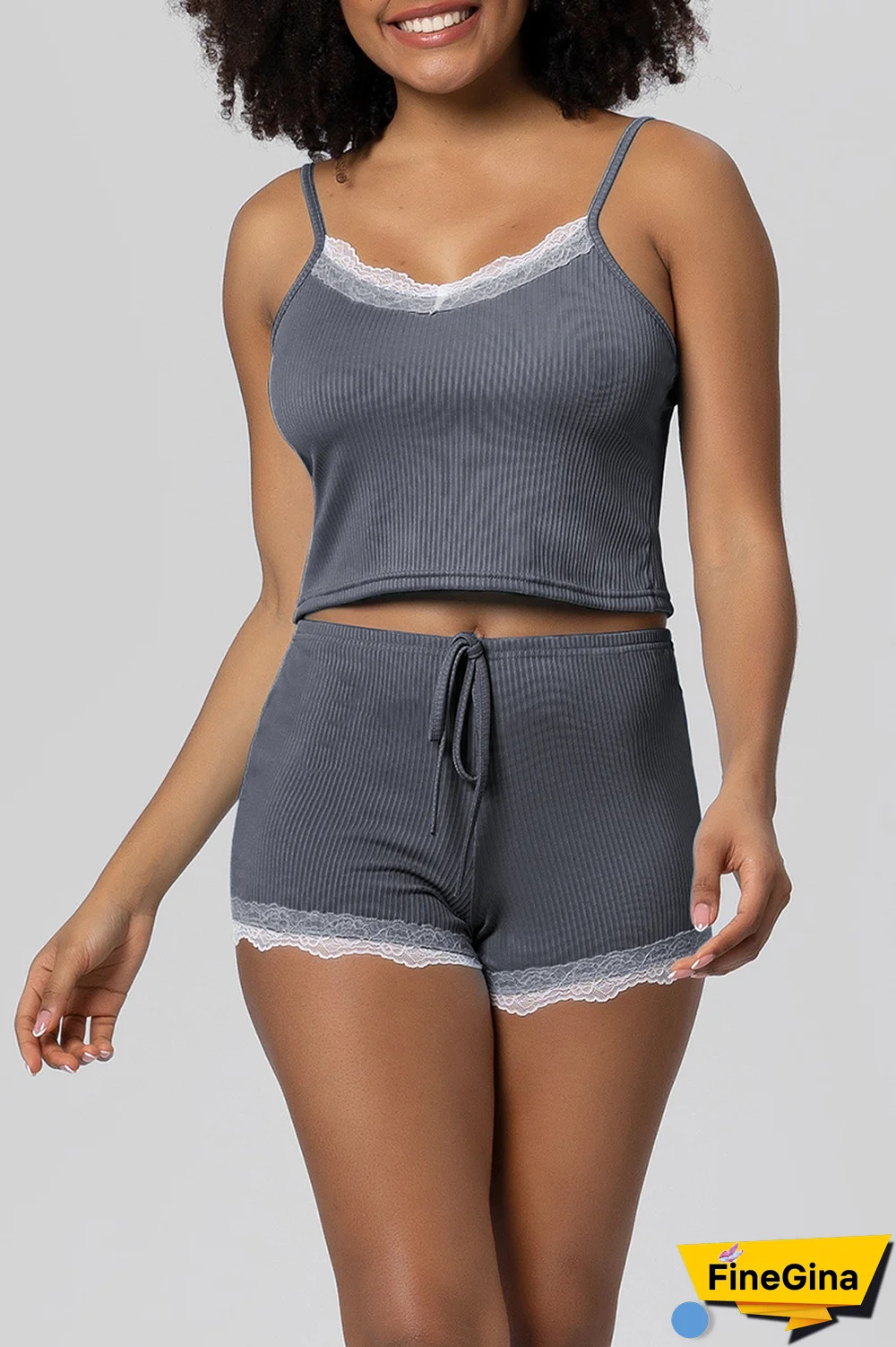 Dark Blue Gray Sexy Print Lace Spaghetti Strap Sleeveless Two Pieces