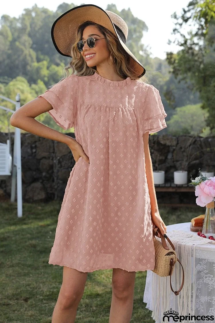 Swiss Dot Round Neck Flutter Sleeve Dress