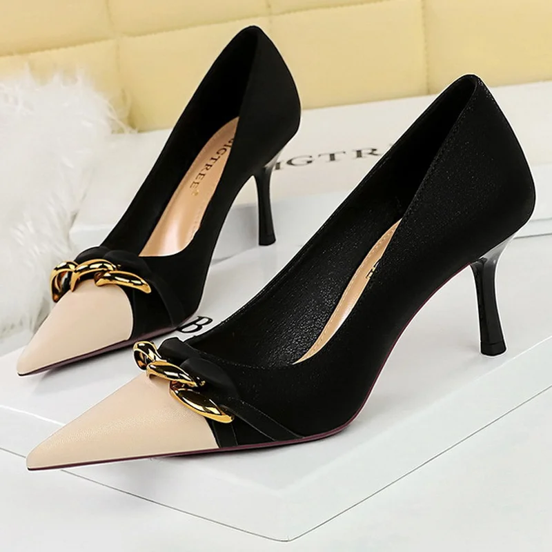 Abebey Shoes Women Pumps Metal Chain Decoration High Heels Mixed Colors Pointed Stilettos Lady Heels Party Shoes Female Pumps