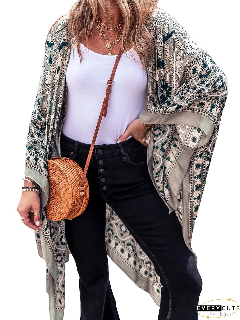 Vintage Green Floral Print Long Kimono with Split Front