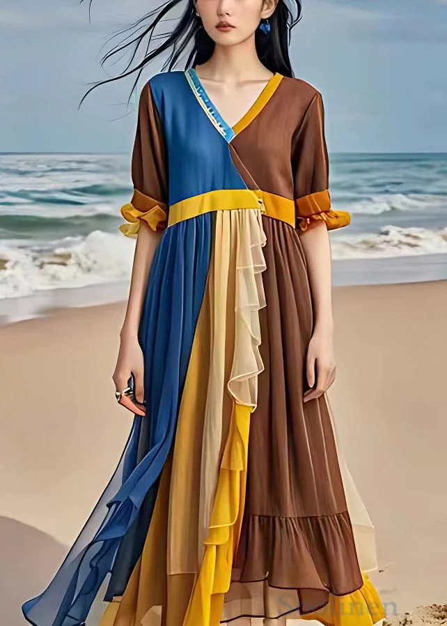 Pre sale - shipping in 30 days/Original Blue V Neck Wrinkled Patchwork Chiffon Long Dresses Summer