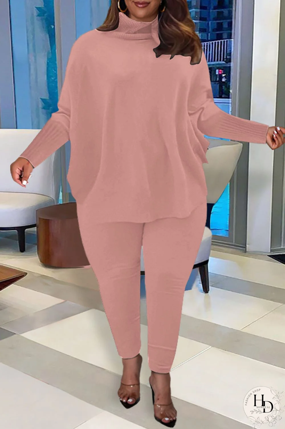 Pink Fashion Casual Solid Basic Turtleneck Long Sleeve Two Pieces