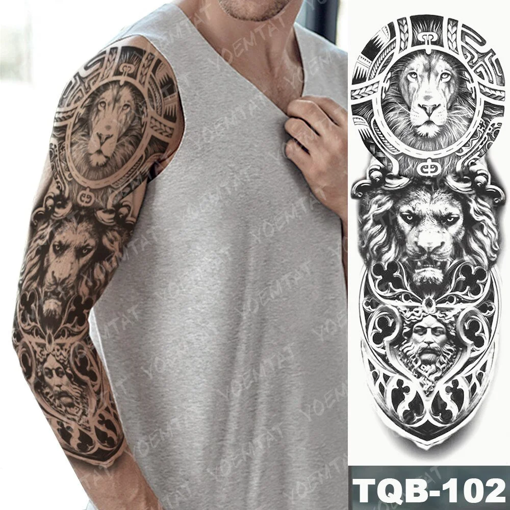 Large Arm Sleeve Tattoo Lion Crown King Rose Waterproof Temporary Tatoo Sticker Wild Wolf Tiger Men Full Skull Totem Tatto