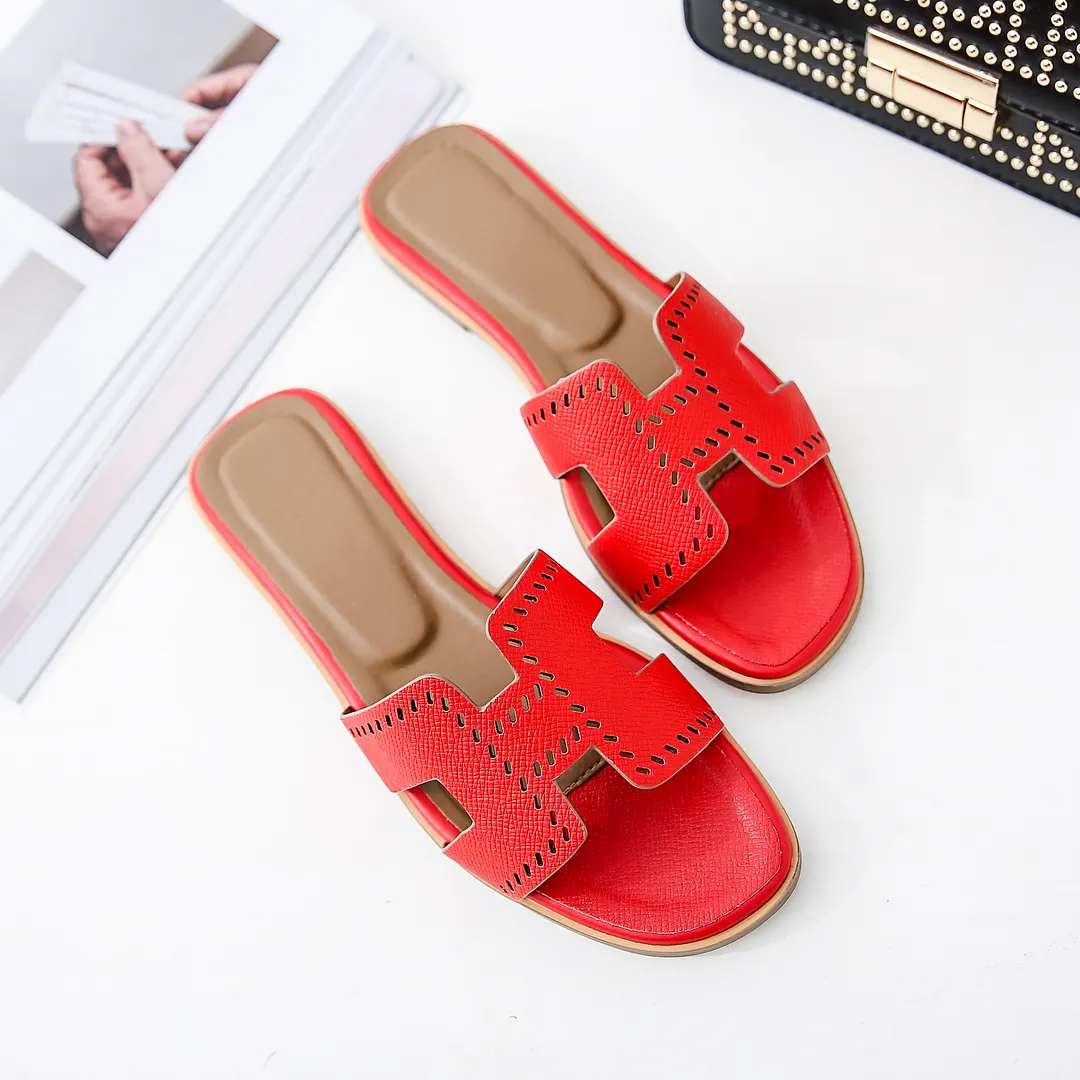 H-shape Leather Slipper Red Lychee Pattern Flats-vocosishoes