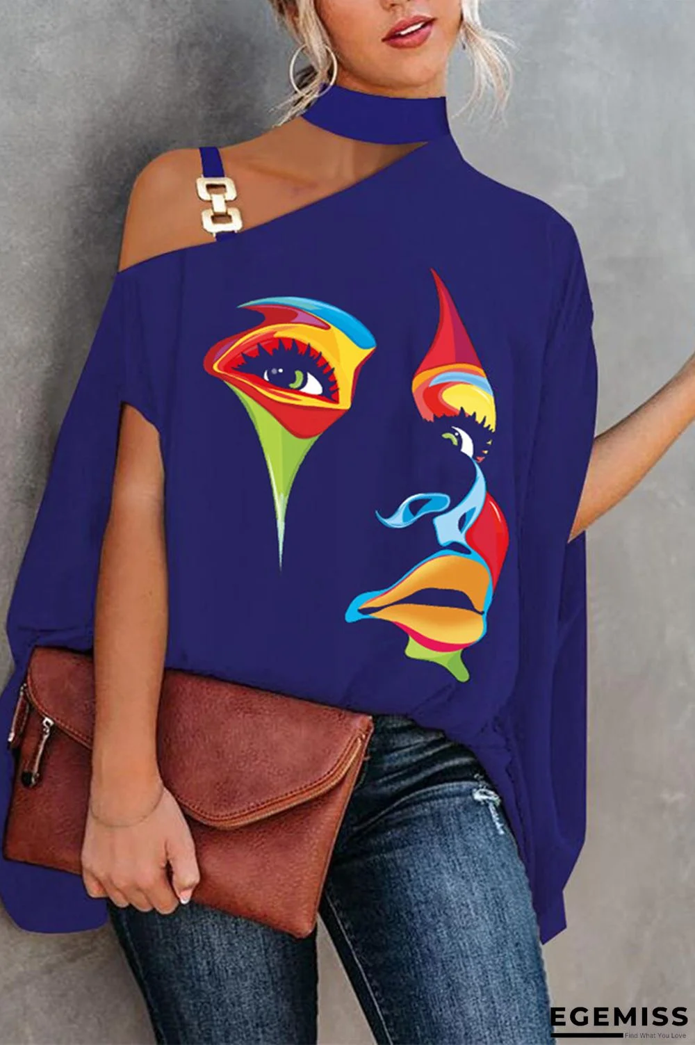 Blue Fashion Casual Print Hollowed Out Patchwork Turtleneck Tops | EGEMISS