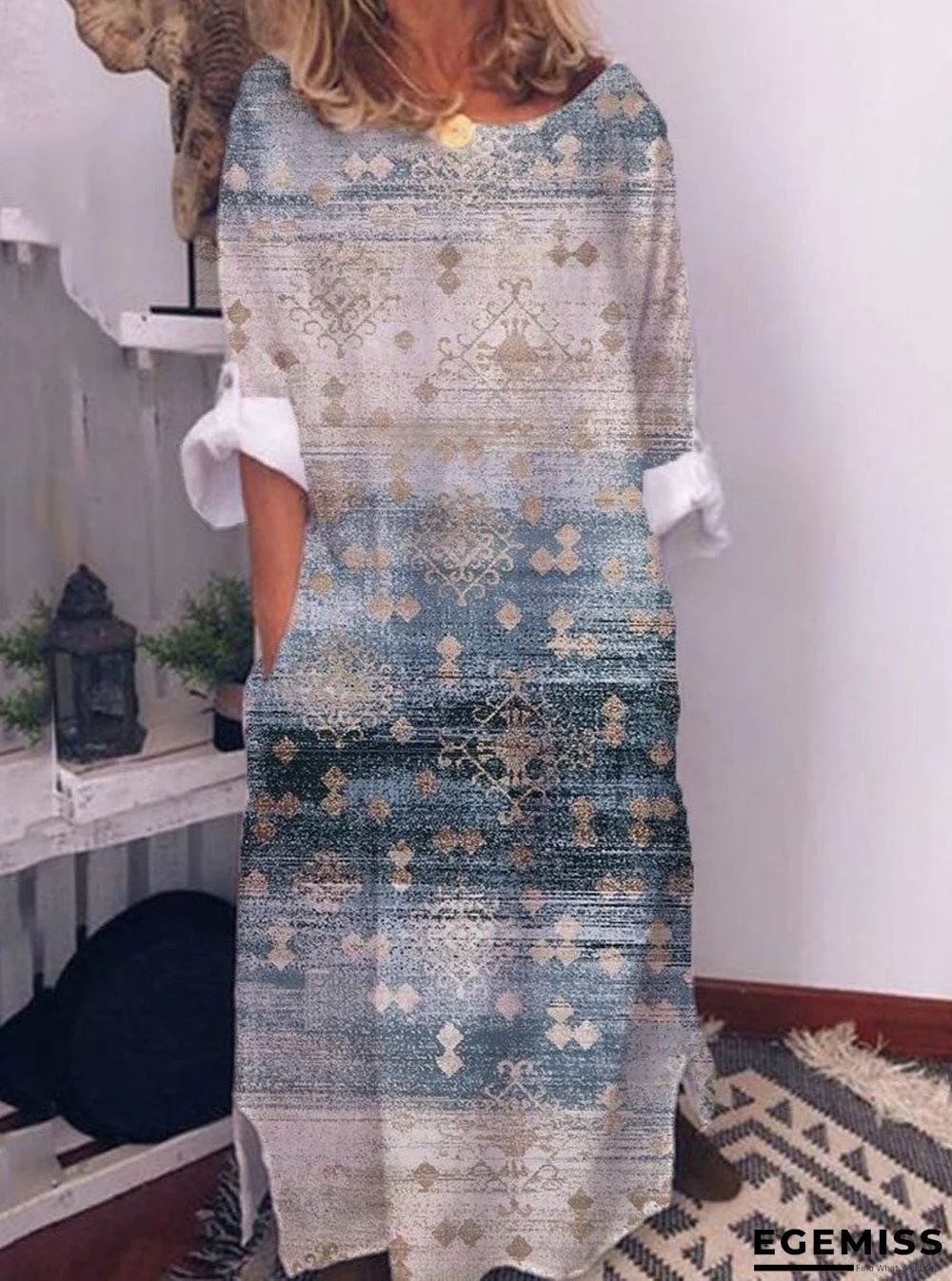 Retro Print Casual Long sleeved Maxi Dress | EGEMISS