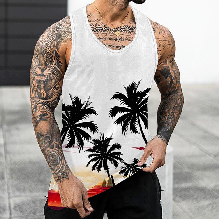 Hawaii Palm Tree Printed Sleeveless Casual Men's Beach Tank Tops