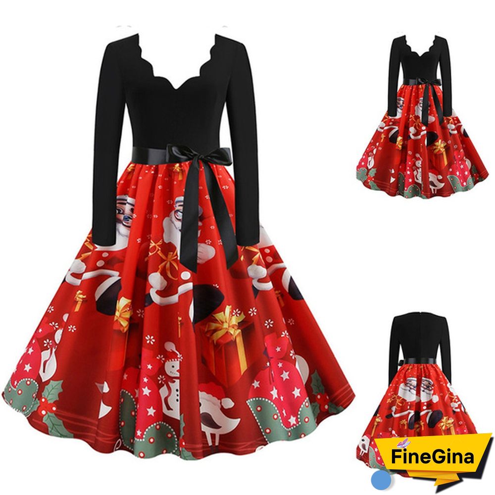 Womens Fashion Casual Dress Lace V Neck Christmas Deer Musical Notes Cat Print Santa Cluas Snowflake Dress Christmas Dress Print Vintage Flare Dress Bowknot High Waist Swing Dress