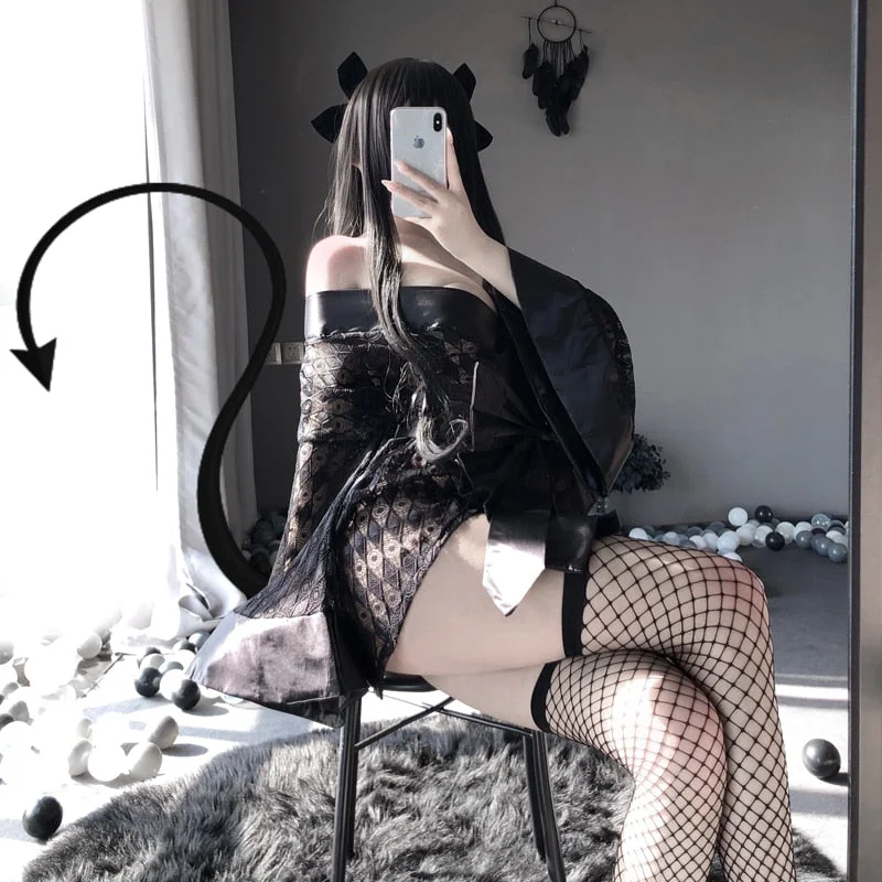 Sexy Cosplay Uniform Dark Japanese Kimono Erotic Costumes for Women Robe Cardigan Role Play Net yarn Black 3Pcs Lingerie Set