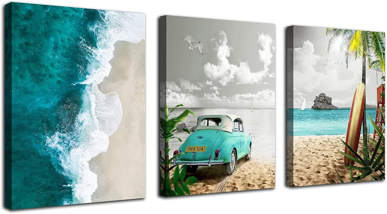 Anolyfi Teal Ocean Canvas Wall Art Summer Tropical Beach Painting Coastal Picture Blue Palm Tree Surfboard Vintage Car Artwork Framed for Bathroom Bedroom Living Room Office Home Decor 12 inch x16 inch x3 12&#034;x16&#034;x3