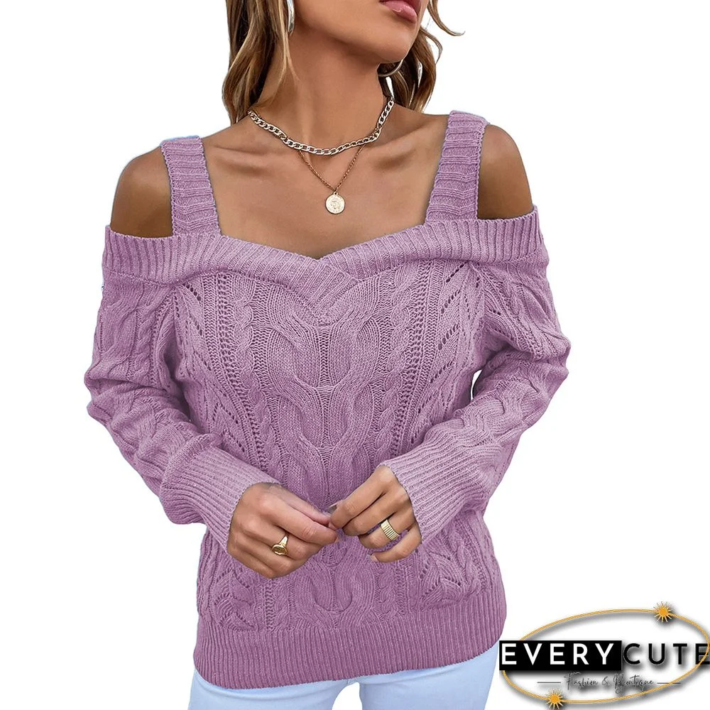 Purple Solid Cable Knit Cold Shoulder Sweater