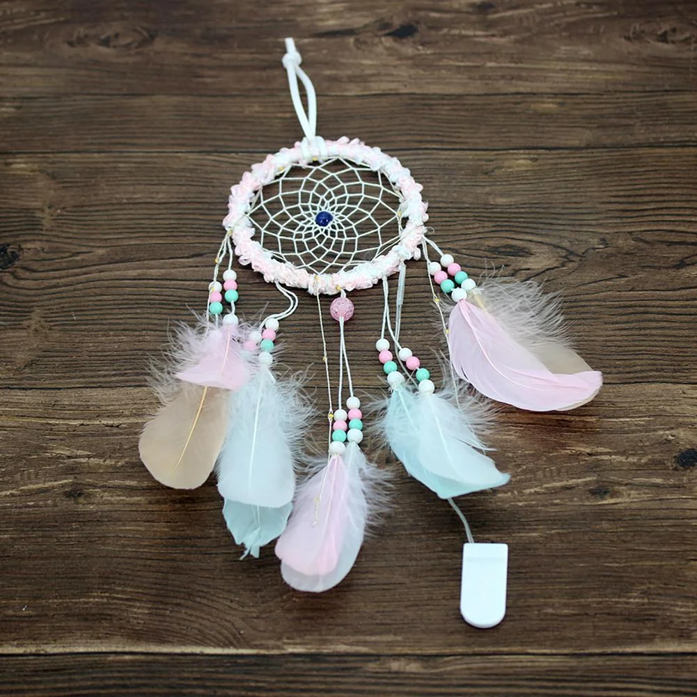 Romantic Feathers Beads Light Dream Catcher Bedroom Hanging Pendant Decor