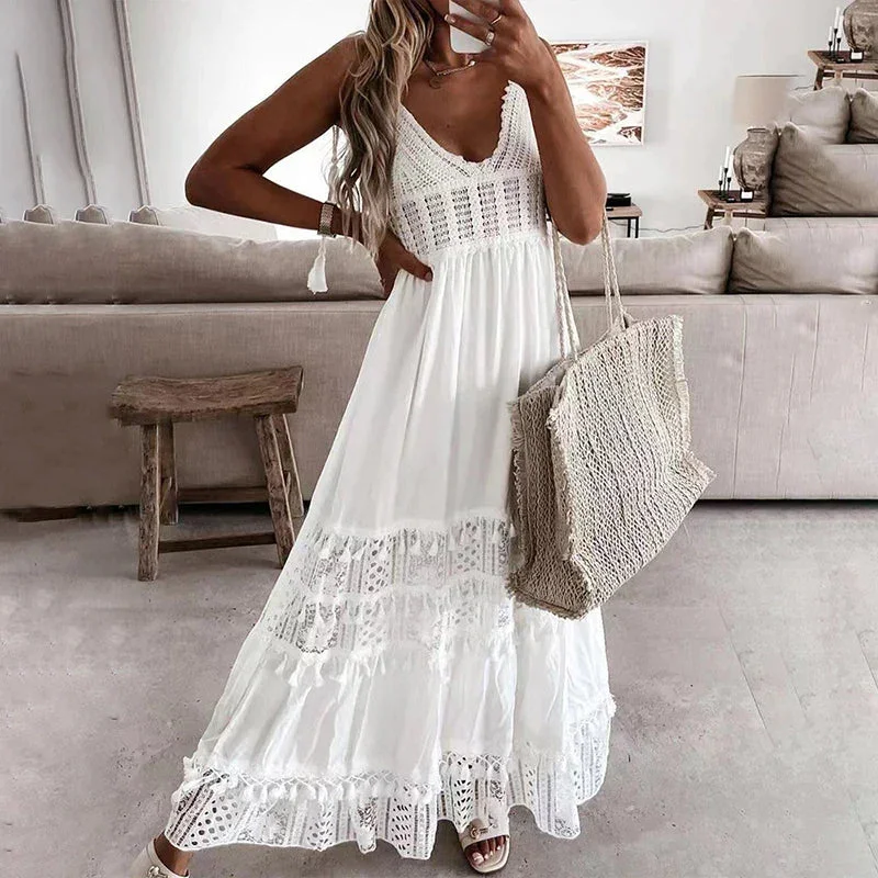 Huiketi Long Dress Women White Lace Dress Female Sexy Off Shoulder Backless Dress Ladies Hollow Out Tassel Beach Boho Dress