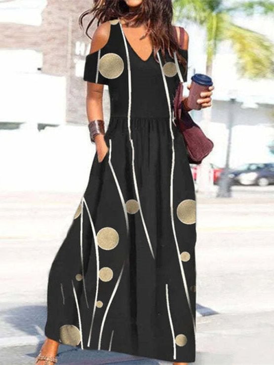 Women Short Sleeve Cold Shoulder V-neck Polka Dot Graphic Maxi Dress