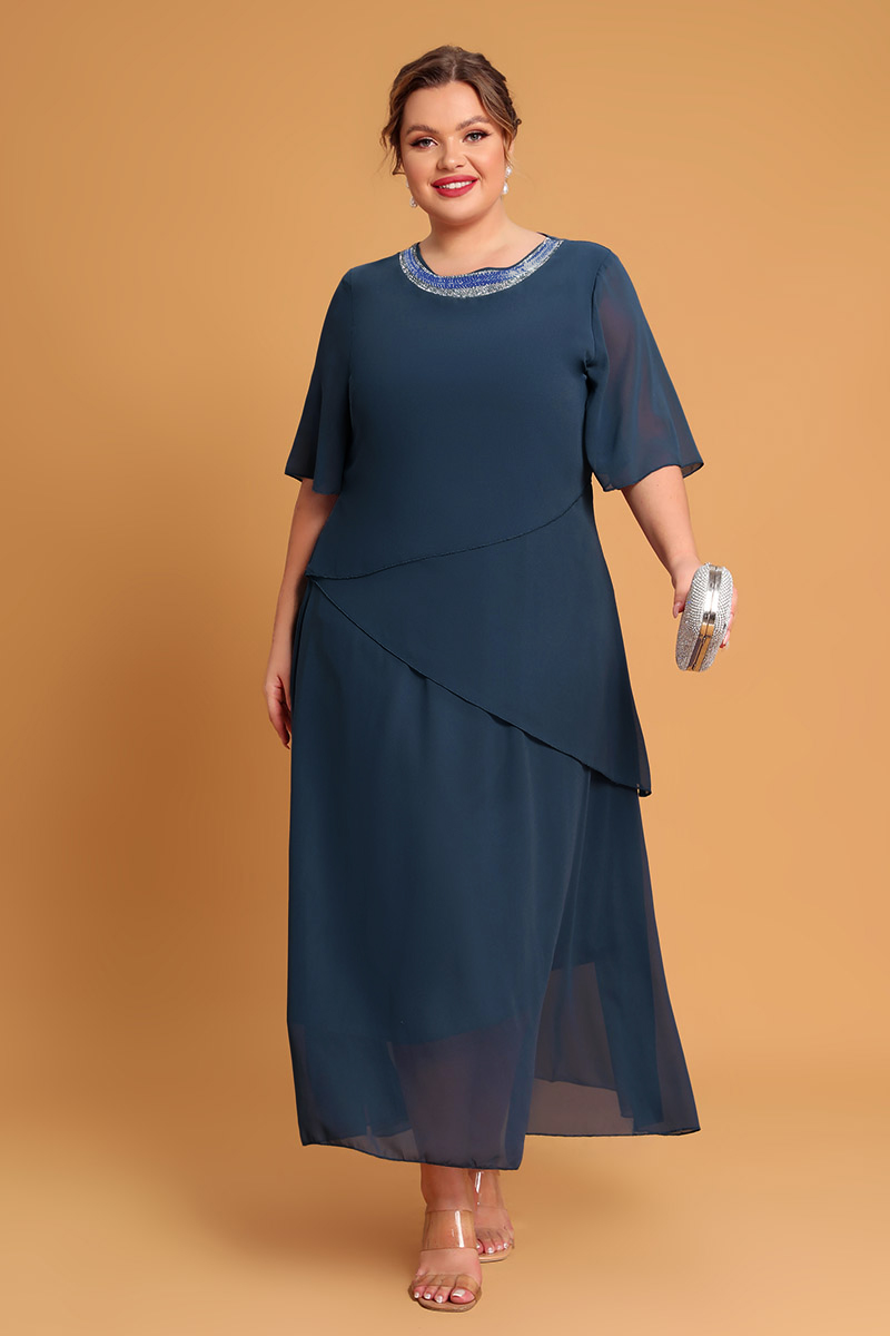 Flycurvy Plus Size Mother Of The Bride Navy Blue A Line Scoop Neck Chiffon Beading Maxi Dresses