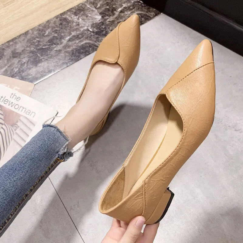 Women's Pumps Low Heels Comfort Female Slip On Shoes Office Pu Leather Waterproof Woman Pointed Toe Shoe Ladies Footwear New