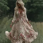 Women's Vintage Pink Floral Art Long Sleeve Maxi Dress - Image 2