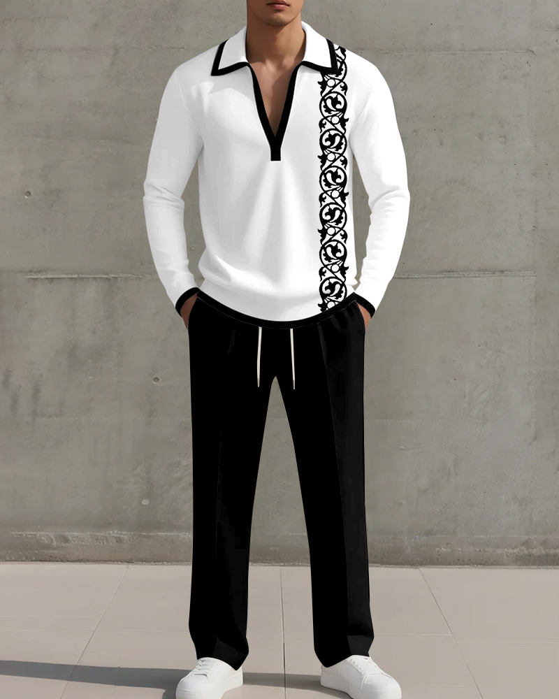 Big & Tall Men's Black And White Pattern Printed POLO V-neck Long Sleeve Pants Two-piece Set