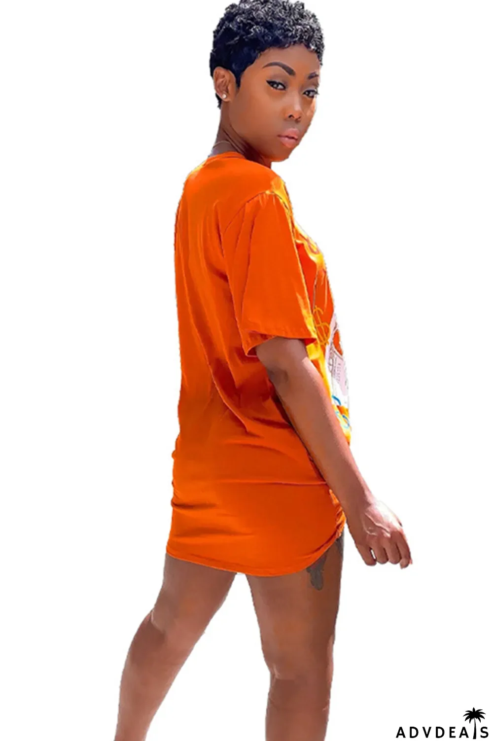 Orange Polyester Sexy Cap Sleeve Short Sleeves O neck Step Skirt Knee-Length Print