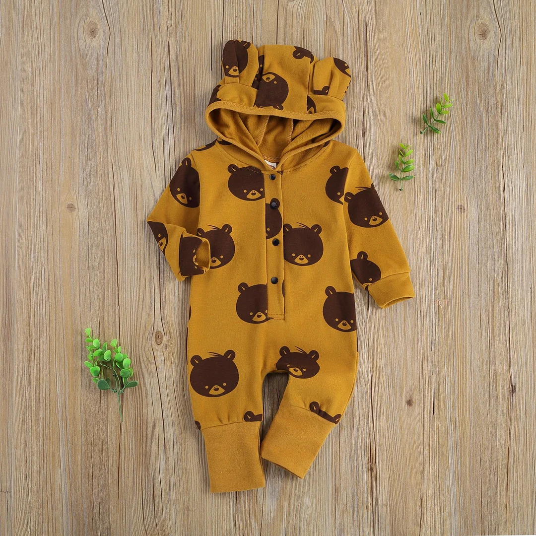 Toddler Baby Girls Boys Round Collar Hooded Ears Jumpsuits Suit Long Sleeve One Piece Bodysuit, Cartoon Printing Button Hoodie