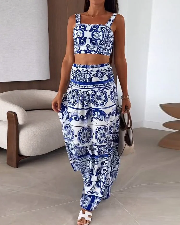 Sleeveless printed casual two-piece suit