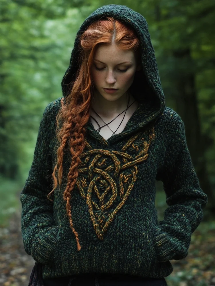 Vintage Forest Elf Celtic Chunky Hooded Sweater
