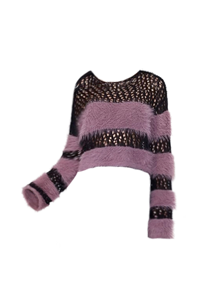 Harajuku Knitted Pullovers Women Striped Long Sleeve Autumn Winter Female Hollow Out Plush Sweater Korean Tide Loose Oversized