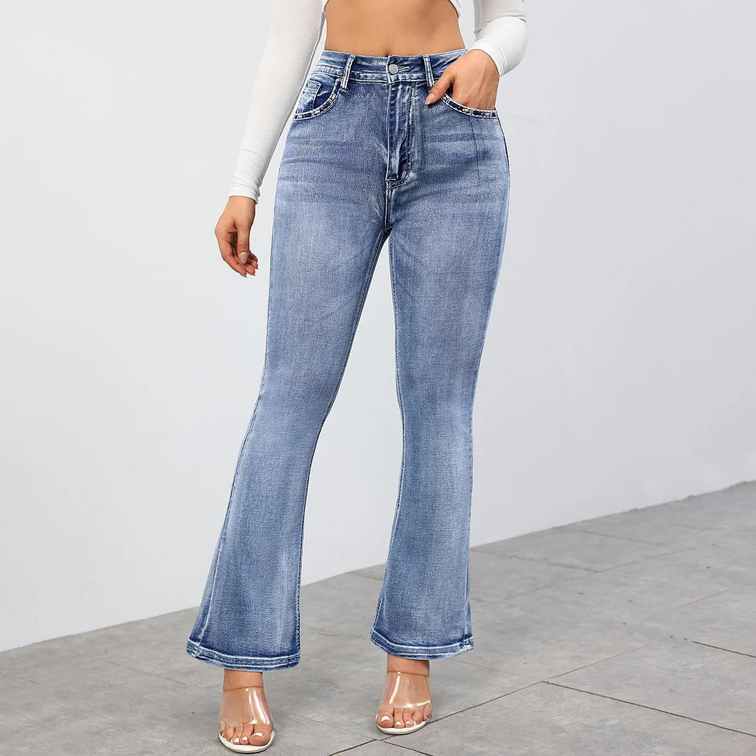 Women's Casual Pants Bootcut Stretch High-waisted Jeans Embroidery Pocket Jeans