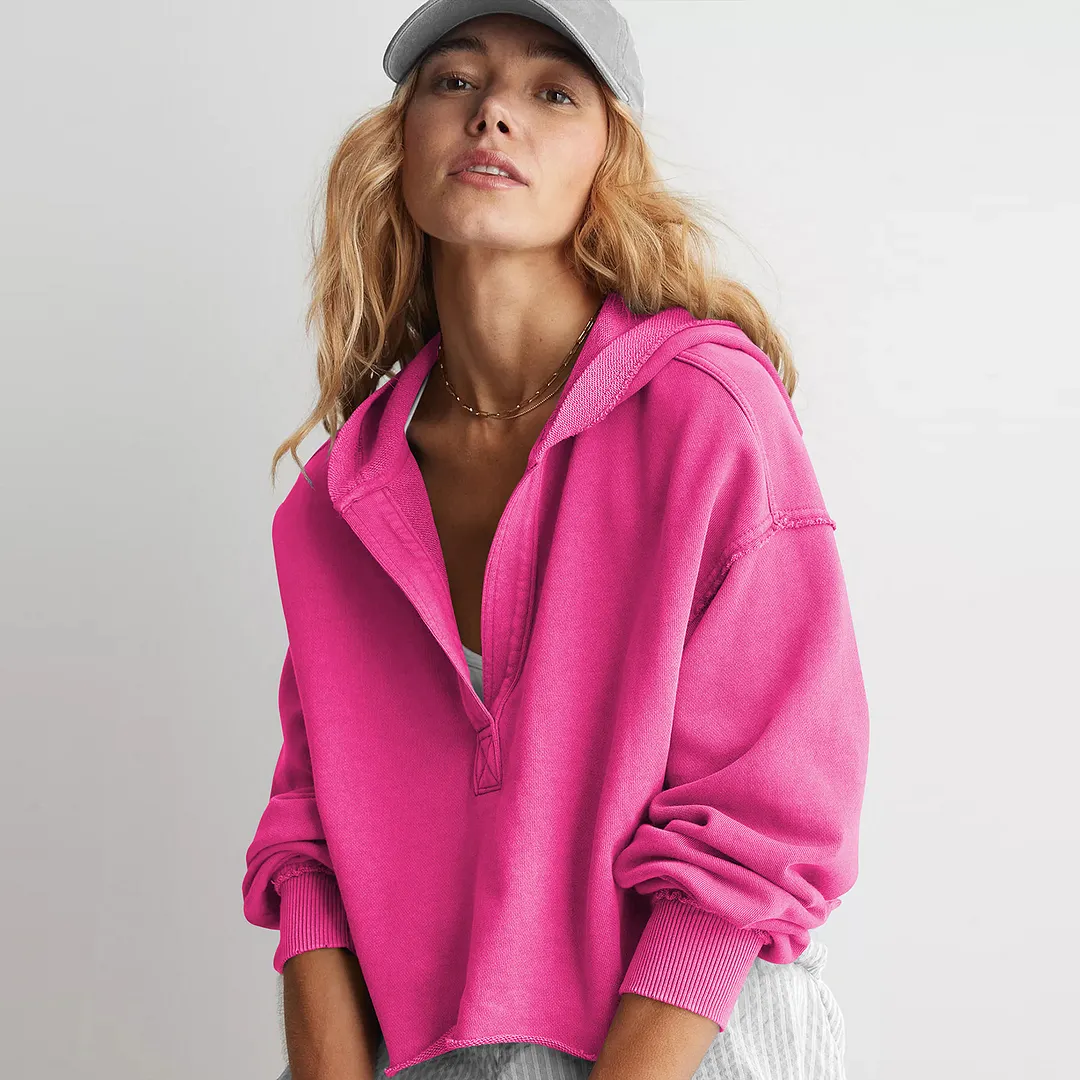 Women's Vintage Washed Hoodie Half Zip Cropped Oversized Hoodie Casual Women Sweatshirt