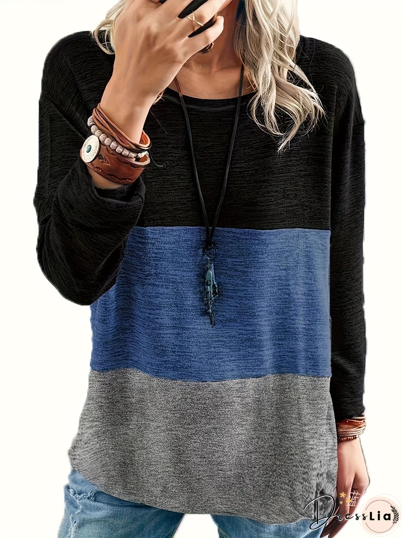 Plus Size Casual Top, Women's Plus Colorblock Long Sleeve Round Neck Medium Stretch Top