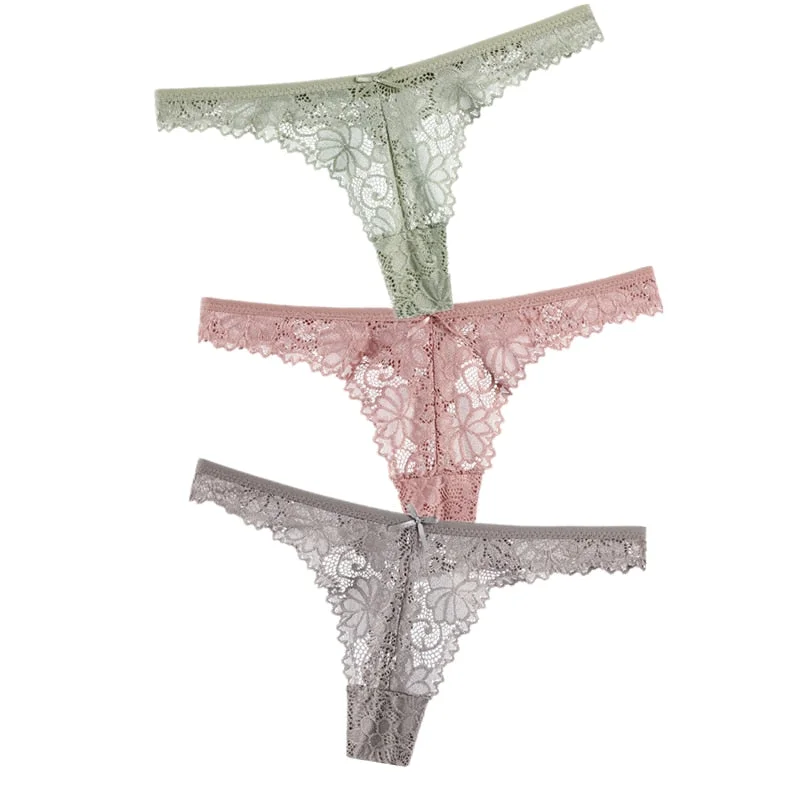 3Pcs/Lot Sexy Lace Thong Low Waist Lace Transparent Panties Women Hollow out Breathable G String Briefs Bow Underwear Lingerie