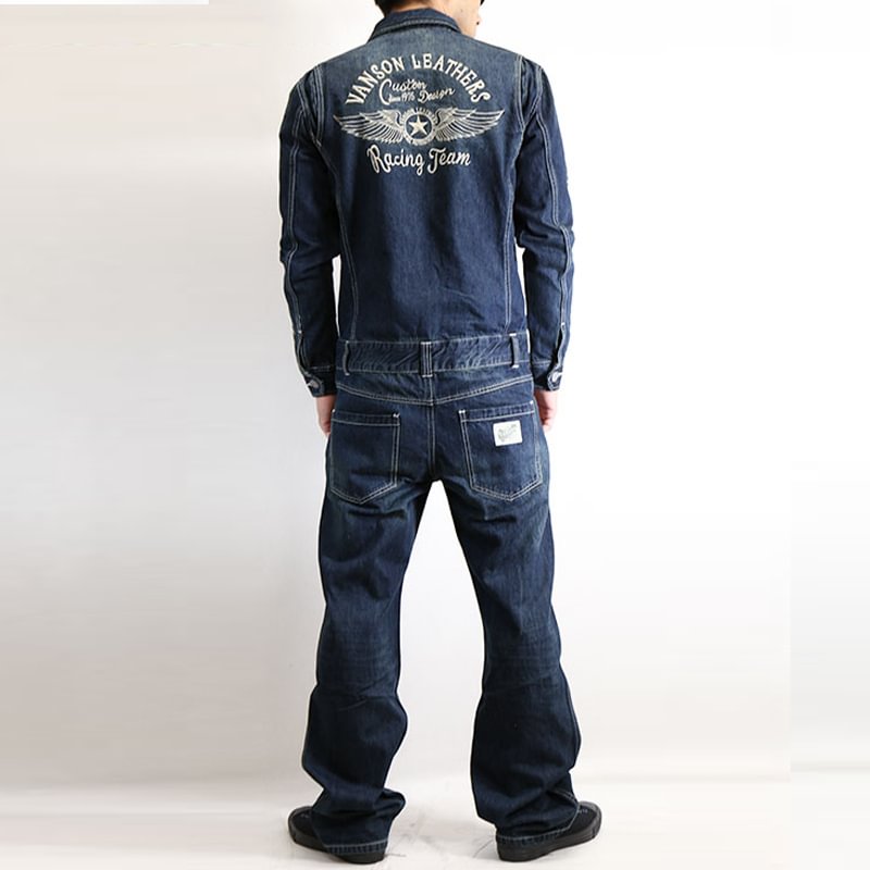 Vintage Denim Embroidered Zipper Lapel Jumpsuit