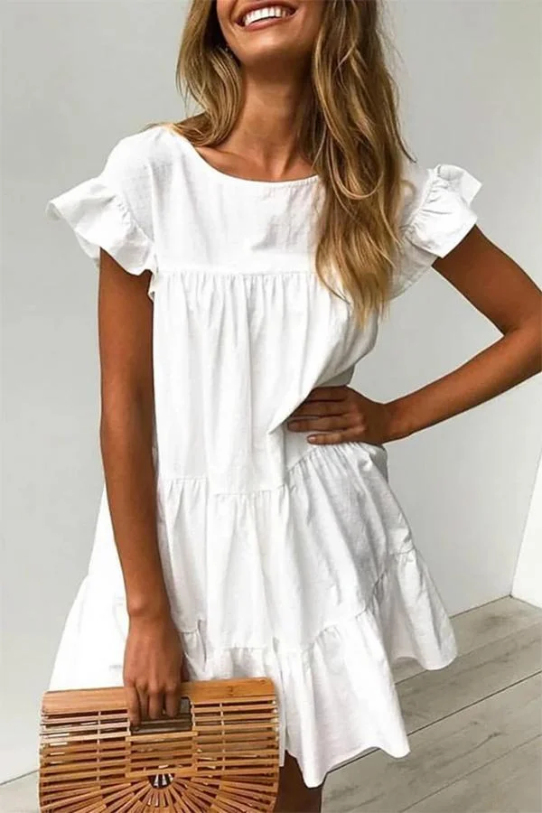 Simplicity Cute Solid Color Ruffle Sleeves Dress